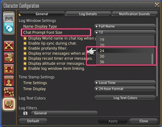 Ajustes da janela Log Window Settings no PlayStation 4